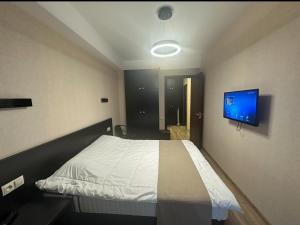 a bedroom with a bed and a flat screen tv at O oooo in Bakuriani