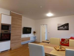 a living room with a red couch and a television at Apartmány NETA Velké Karlovice, Polanský Dvůr in Velké Karlovice