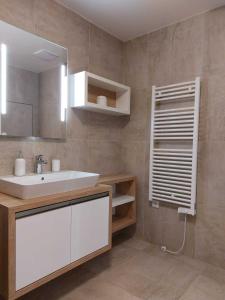 a bathroom with a white sink and a mirror at Apartmány NETA Velké Karlovice, Polanský Dvůr in Velké Karlovice