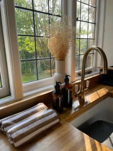 a kitchen counter with a sink and a window at The Potting Shed in Chepstow