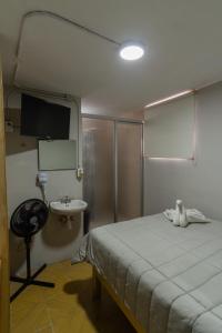 1 dormitorio con cama, lavabo y ducha en El Suburbio - Serapio Rendon en Morelia