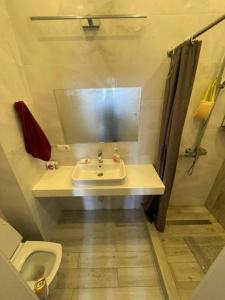 a bathroom with a sink and a toilet and a mirror at Уютный коттедж "PARIS", 30м от пляжа! 3 спальни, терраса и летняя кухня! in Chok-Tal