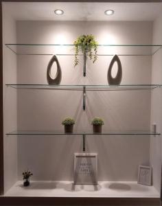 ein Raum mit Regalen mit Topfpflanzen darauf in der Unterkunft Springfield Apartment - Train to Glasgow or Edinburgh - Private Parking & Wifi in Airdrie + 24 Fotos