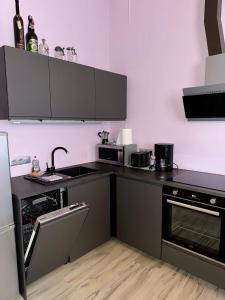 cocina con fregadero y fogones horno superior en Saules Apartament en Daugavpils