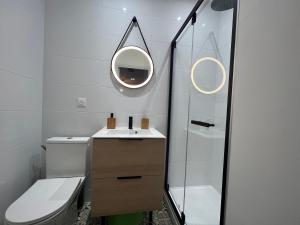 La salle de bains est pourvue de toilettes, d'un lavabo et d'un miroir. dans l'établissement Magnifique T2 - proche hyper centre, à Toulouse