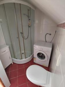 a bathroom with a shower and a washing machine at Apartment Kumbor in Herceg-Novi +13 photos