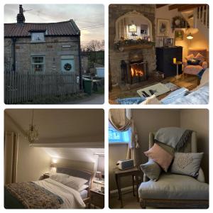a collage of four pictures of a house with a fireplace at Hideaway Cottage in Whitby
