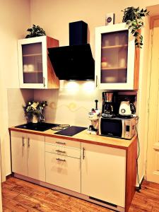a kitchen with white cabinets and a microwave at Studio apartman Villa Gianna in Lovran