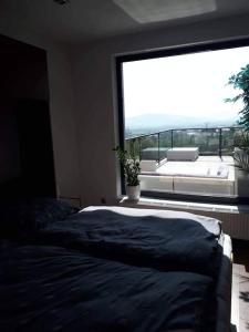 1 dormitorio con 2 camas y ventana grande en Bungalov s najkrajším výhľadom en Spišský Hrhov