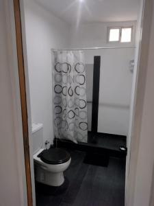 La salle de bains est pourvue de toilettes et d'un rideau de douche. dans l'établissement Monoambiente Villa Crespo, à Buenos Aires