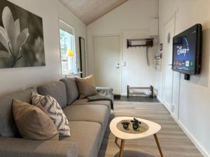 a living room with a couch and a tv at Guesthouse centrally in Vetlanda in Vetlanda