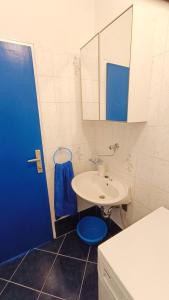 un bagno con lavandino bianco e porta blu di Vesna - room with private bathroom near sea a Trogir