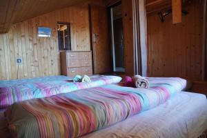 two beds in a bedroom with wooden walls at Penzion Veronika in Štrba