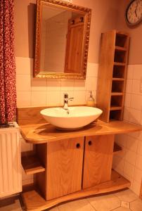 a bathroom with a sink and a mirror at Ferienhaus am Wald mit Klavier, Holzofen, Sauna in Alt Jabel