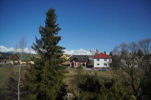 a village with a pine tree and mountains in the background at Penzion Veronika in Štrba