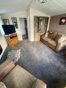 a living room with a couch and a television at Orchid meadows retreat in Ashington