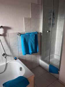 a bathroom with a tub and a shower with blue towels at seeglueck SEENSUCHT seenah in Reichenau