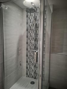 La salle de bains est pourvue d'une douche avec une porte en verre. dans l'établissement Tout le charme de La Baule-Les -Pins T3 73m2, à La Baule