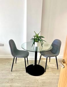 einem Glastisch mit zwei Stühlen und einer Topfpflanze in der Unterkunft Amazing 1 bedroom flat with balcony views to the city 19th floor in Manchester