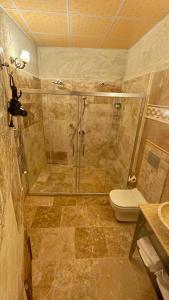 a bathroom with a shower and a toilet at Chelebi Cave House Hotel in Göreme