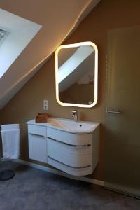 a bathroom with a sink and a mirror at FeWo-Heidekreis right along the old river Leine in Ahlden