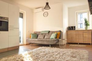 uma sala de estar com um sofá e um relógio na parede em 5 Dream Apartment 5 cu Parcare Privata em Oradea
