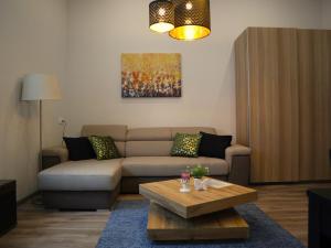 uma sala de estar com um sofá e uma mesa de centro em Center home Belvárosi kis lakás, csendes udvarral em Esztergom