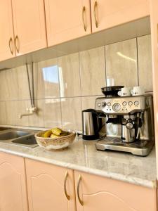 a kitchen counter with a bowl of fruit and a coffee maker at Apartmani Andric in Trebinje