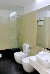La salle de bains est pourvue de toilettes, d'un lavabo et d'un miroir. dans l'établissement Hotel La Casota, à La Solana