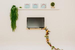 a flat screen tv on a wall with a garland at Casa Aconchego - O refúgio perfeito para amar e descansar in Peruíbe