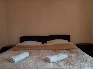 twee handdoeken op een bed met twee kussens erop bij Sunny in Mestia