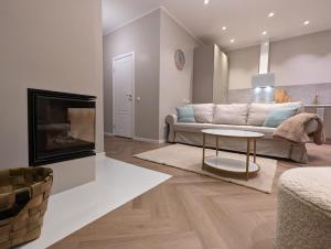 a living room with a couch and a fireplace at Mere Apartment - Private Yard, Sauna and Pet Friendly in Pärnu