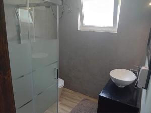 a bathroom with a toilet and a glass shower at Oasis Paul Residencial in Paul