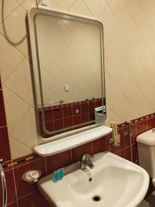 a bathroom with a sink and a large mirror at شقق اطلالة أبحر للشقق المخدومة in Jeddah