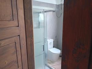 a bathroom with a toilet and a glass door at Oasis Paul Residencial in Paul