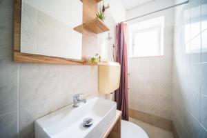 bagno con lavandino, specchio e servizi igienici di Orgula a Lumbarda (Lombarda)