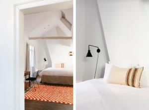 1 dormitorio blanco con 1 cama y 1 dormitorio con alfombra naranja en The Collector's House, en Amberes