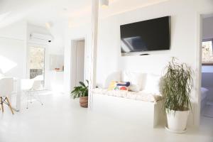 a white living room with a couch and a tv on a wall at Studio-Loft Siebengebirge Westerwald in Erpel