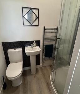 a bathroom with a toilet and a sink and a shower at West Street House in Crewe