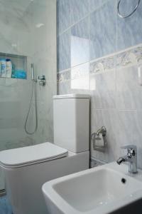 ein Bad mit einem WC, einem Waschbecken und einer Dusche in der Unterkunft New Bazaar Bliss in Tirana