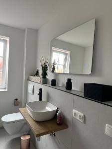 bagno con lavandino, servizi igienici e specchio di Whg 4 Willkommen in unserer gemütlichen Ferienwohnung an der Ostsee! a Scharbeutz