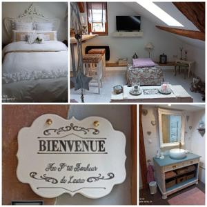 eine Collage mit vier Bildern eines Schlafzimmers in der Unterkunft Loft atypique de charme, garage privatif in Barr