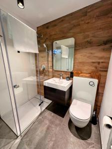 a bathroom with a toilet and a sink and a shower at Chalet Grubhof in Sankt Martin bei Lofer