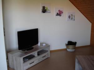 a living room with a television on a wooden cabinet at Apartment Weber in Offenheim