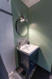 La salle de bains est pourvue d'un lavabo et d'un miroir. dans l'établissement Appartement avec parking - Futuroscope - 1 à 4 personnes, à Jaunay-Clan
