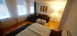 una pequeña sala de estar con sofá y cama en Sonnige Ferienwohnung I, en Harrislee