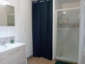 uma casa de banho com um chuveiro com uma cortina de chuveiro azul em Gite Ferme du Marronnier em Graincourt