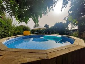 a swimming pool in a yard with a table and an umbrella at Chambre ďhôtes B&B le Figuier in Benayes