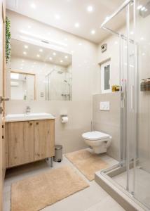 a bathroom with a sink toilet and a shower at Green District Studio Flat in Budapest
