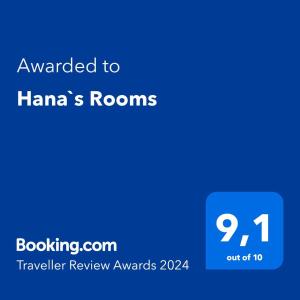 Certifikát, hodnocení, plakát nebo jiný dokument vystavený v ubytování Hana`s Rooms